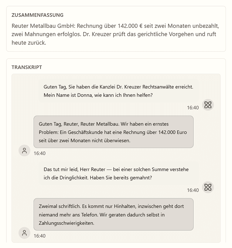 Dashboard: vollständiges Transkript eines Anrufs als Gesprächsverlauf zwischen Donna und einem Anrufer.